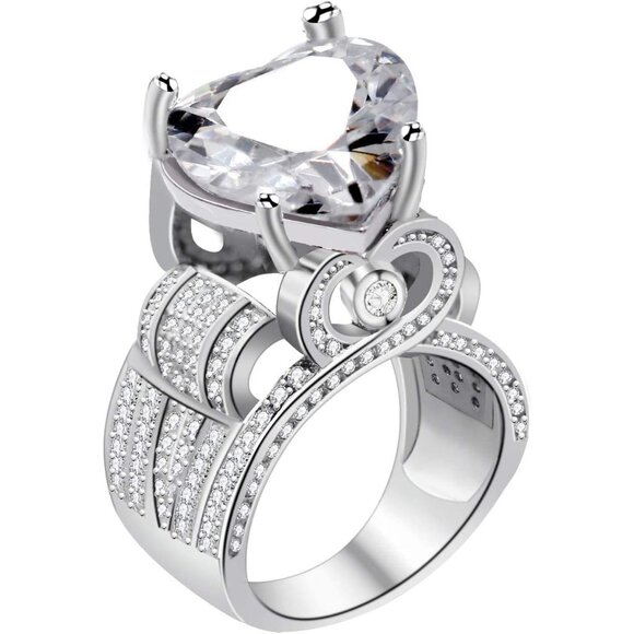 🆕 Women Silver Cubic Zirconia Ring Platinum Big Love Heart Statement Engagement - Picture 4 of 7